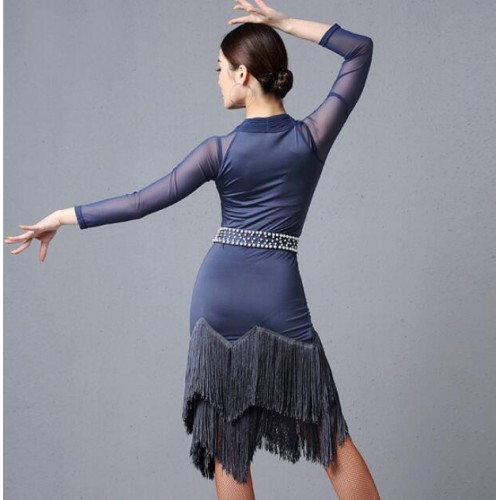 Women's fringes blue latin dance dresses competition professional salsa rumba dance dresses